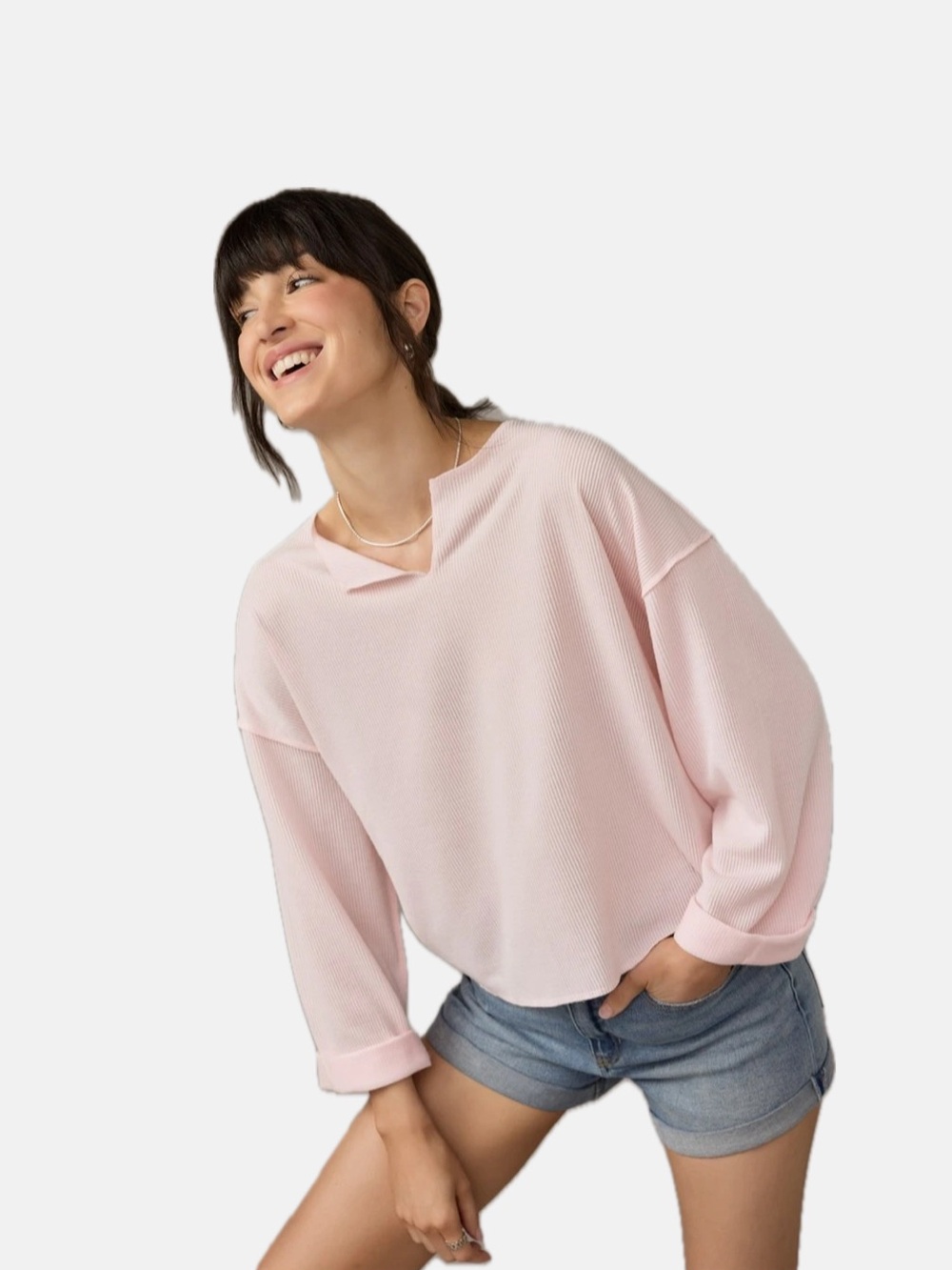 Francesca’s
Claire Slouchy Fit Notch Neck Long Sleeve Top Light